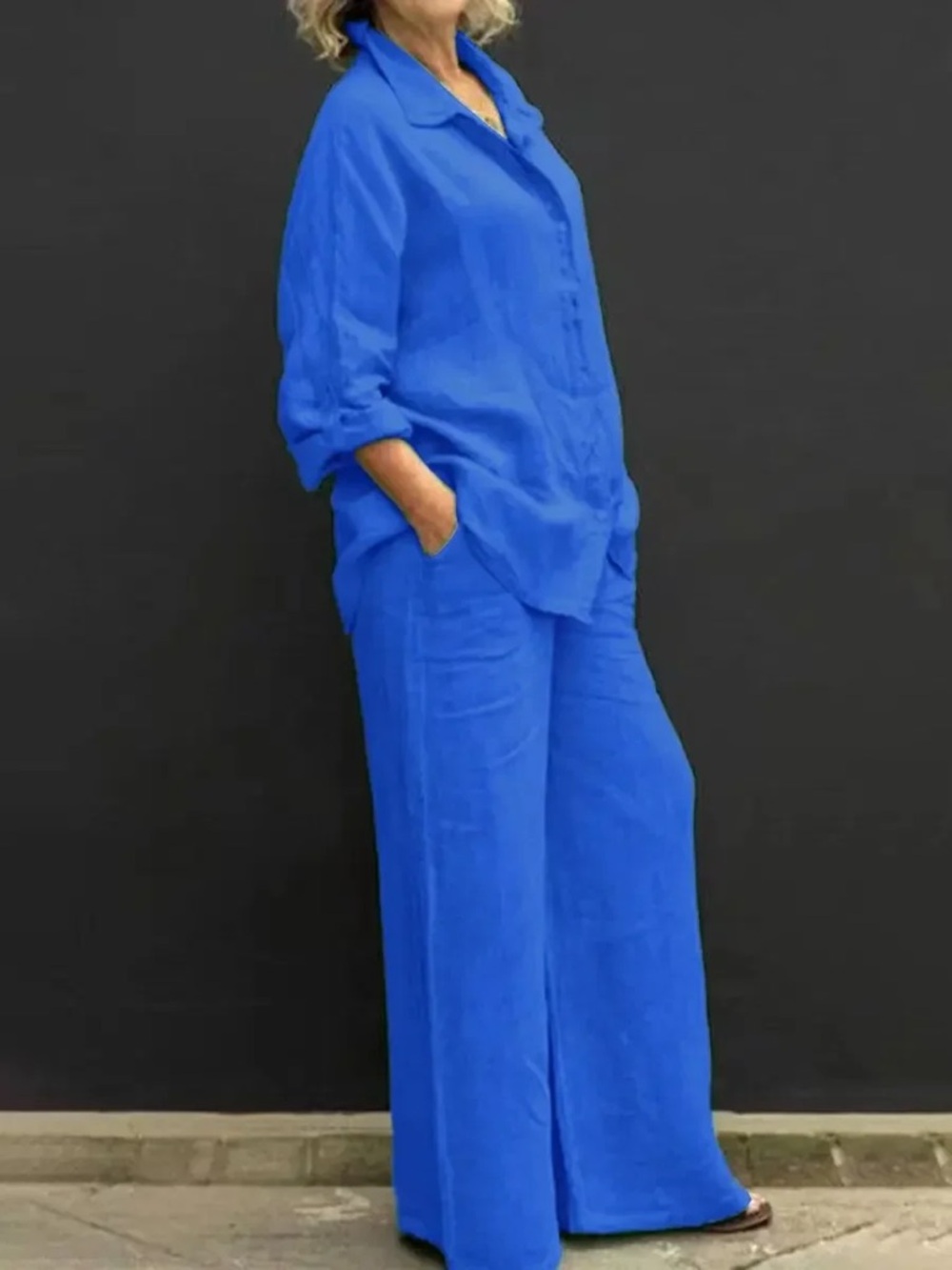 Zara Linen Matching set button shirt Coord wide pant drawstring lounge blue M